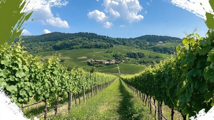 Obraz premium Lush Vineyard Landscape Under Bright Blue Sky