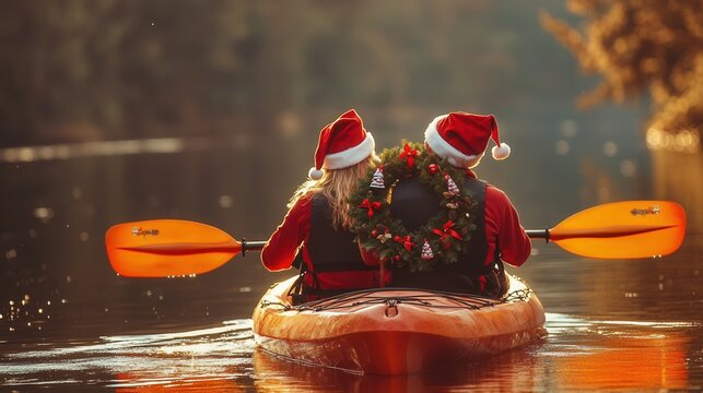 Couple in Santa hats kayaking with a Christmas wreath on a serene river at sunset