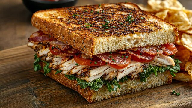 Delicious blt sandwich appearing on wooden cutting board