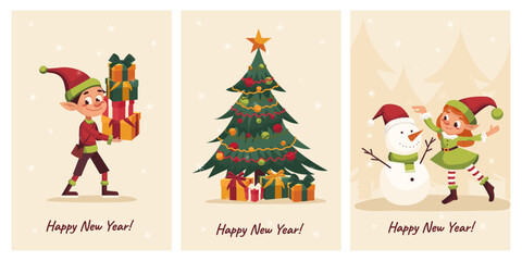 Set of Festive New Year Postcards with Elves and Holiday Scenes