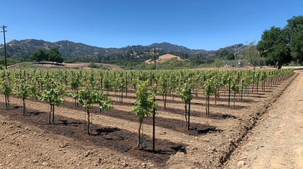 Lush Vineyard Rows Under Clear Blue Sky