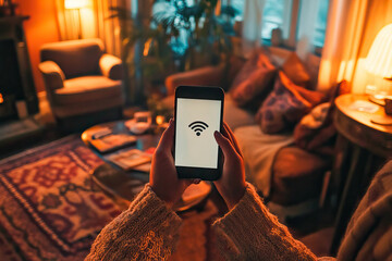 Hands of a woman at home with a mobile phone showing the wifi signal