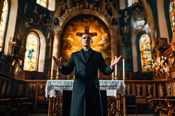 Priest with raised hands giving a sermon in the church from the altar