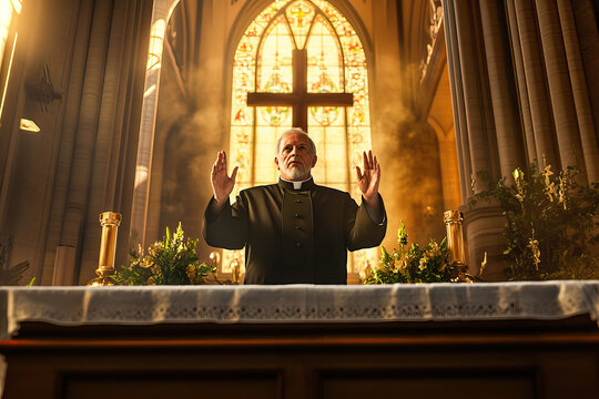 Priest with raised hands giving a sermon in the church from the altar