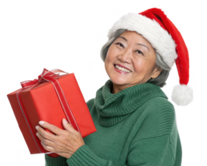 Portrait of a cheerful elderly woman holding a gift, isolated on transparent background