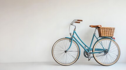 A classic vintage bicycle, painted in a cheerful shade of blue, is elegantly displayed against a smooth white background.