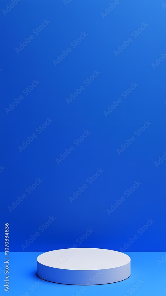 Poster blue background podium with minimalist simple shapes, featuring clean lines and geometric forms, ide