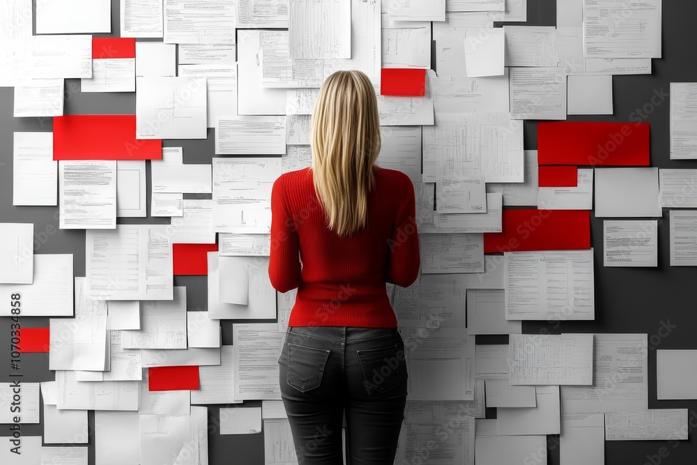 Poster a woman analyzes an array of papers on a wall in a creative workspace amidst a mix of white and red 