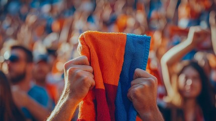Fans holding team rally towel immersed in game setting