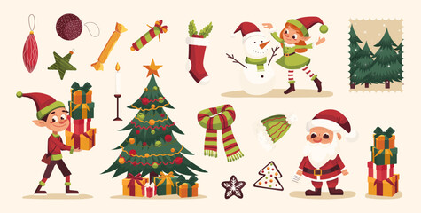Fototapeta premium Christmas and New Year Sticker Pack with Festive Characters