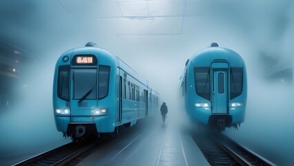 Obraz premium The fog-filled platform and the approaching trains create a sense of mystery and intrigue, hinting at the adventure that lies ahead