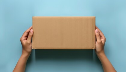 Female hands holding brown rectangular cardboard box on light blue background.