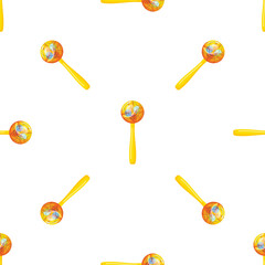 Seamless pattern of yellow baby rattle toy with orange ball on white background