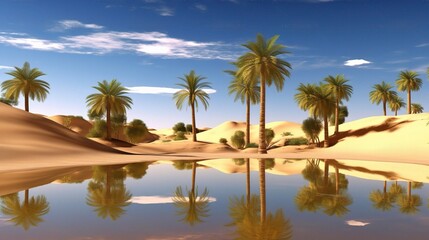 Fototapeta premium Tranquil Desert Oasis with Palm Trees and Reflections
