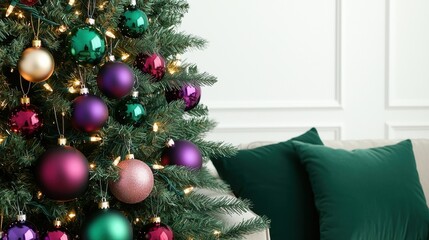 A beautifully decorated Christmas tree adorned with colorful ornaments, alongside plush green cushions, creating a cozy holiday atmosphere.