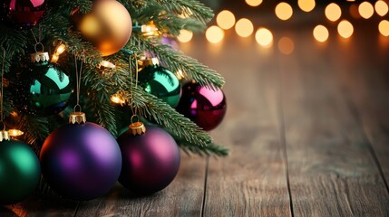 A beautifully adorned Christmas tree with colorful ornaments sits against a warm wooden backdrop, creating a festive and cozy atmosphere.