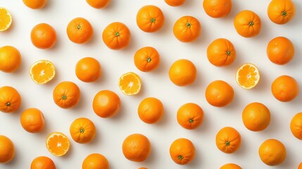 A collection of oranges is scattered across a clean white background, their vivid color and round shapes creating a dynamic contrast with the minimalist backdrop