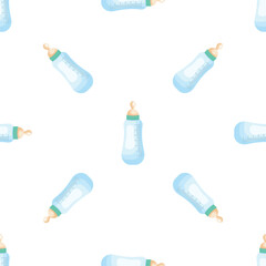 Baby bottles with scale forming a seamless pattern on white background, ideal for newborn and childcare concepts