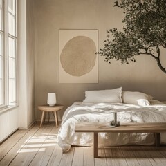 A white bed with a tree in the background