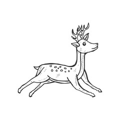 Doodle cartoon black outline illustration of a deer jumping.