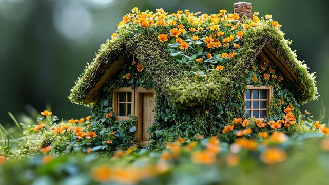 Charming miniature cottage nestled among vibrant flowers in a lush garden setting