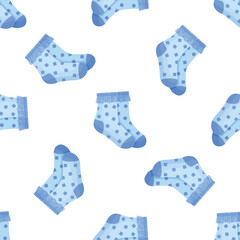 Seamless pattern featuring baby socks decorated with ruffles and blue rhombus patterns, perfect for baby clothing, textiles, and nursery designs