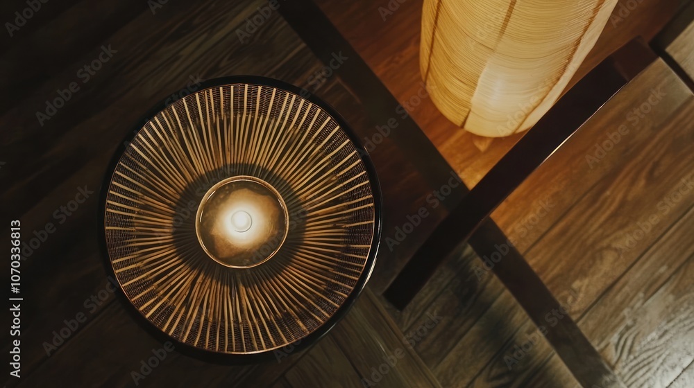 Poster a close-up of a circular wooden lampshade with a warm light emanating from the center. the lamp sits