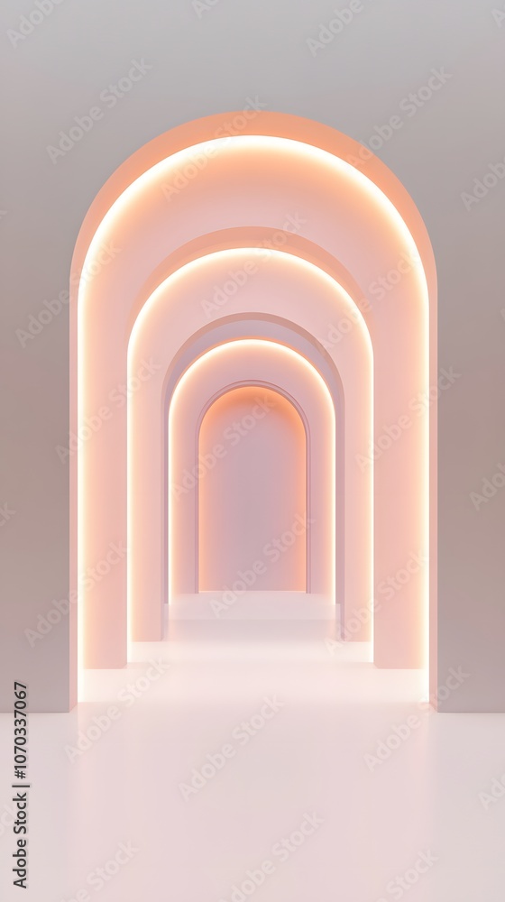 Poster empty white space with a minimalist design featuring elegant arches, clean lines, and soft lighting,