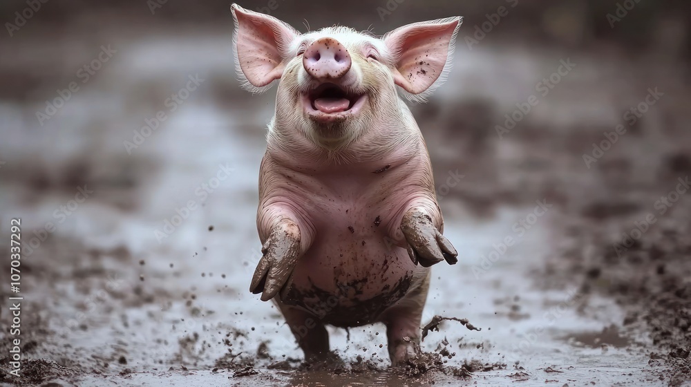 Aufkleber a happy piglet playing in mud with its mouth open in a playful manner.