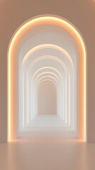 Fototapeta premium Empty white space with a minimalist design featuring elegant arches, clean lines, and soft lighting, creating a serene and modern architectural aesthetic