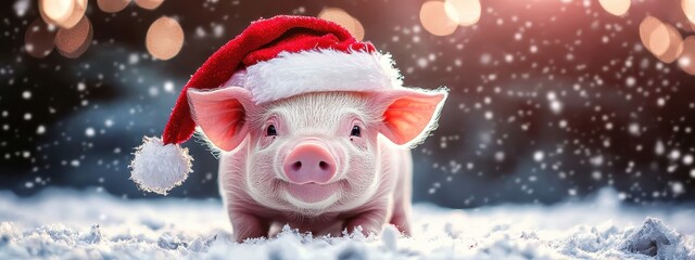 pig in a Santa Claus hat. Selective focus