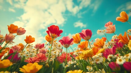 Obraz premium Colorful tulips and daisies in a field, looking up at the blue sky with white clouds.