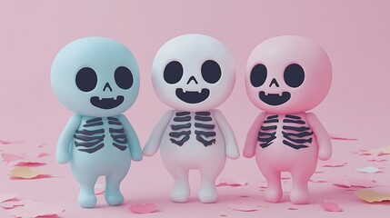 Obraz premium Three cute cartoon skeletons in blue, white and pink, standing on pink background with confetti.