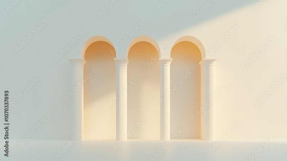 Poster empty white space with a minimalist design featuring elegant arches, clean lines, and soft lighting,