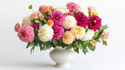 A delicate vase overflowing with lush flowers is beautifully placed on a pristine white background.