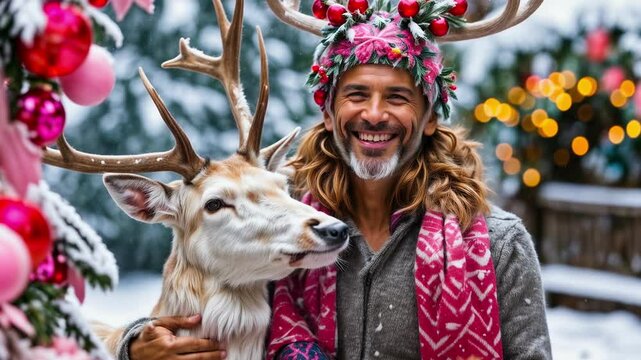 Beautiful Christmas deer in a snowy forest, symbol of the New Year.