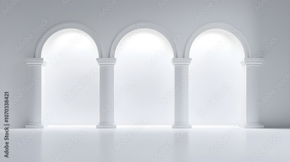 Poster empty white space with a minimalist design featuring elegant arches, clean lines, and soft lighting,