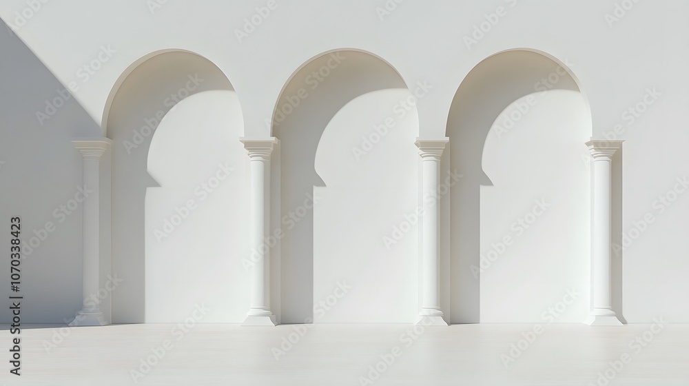 Poster empty white space with a minimalist design featuring elegant arches, clean lines, and soft lighting,