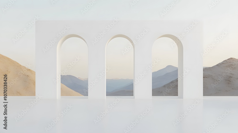 Poster empty white space with a minimalist design featuring elegant arches, clean lines, and soft lighting,