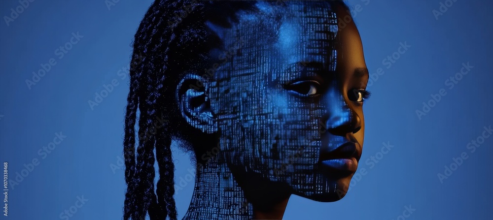 Poster young girl with projected binary code on face symbolizing ai and technology integration