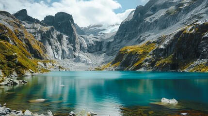 Breathtaking view of a serene turquoise glacier fed mountain lake surrounded by rugged snow capped peaks in a remote pristine alpine landscape The crystal clear water perfectly reflects the dramatic