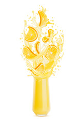 Orange juice in drinking glass with orange pieces, flying drops, splashes, flows of juice on white...