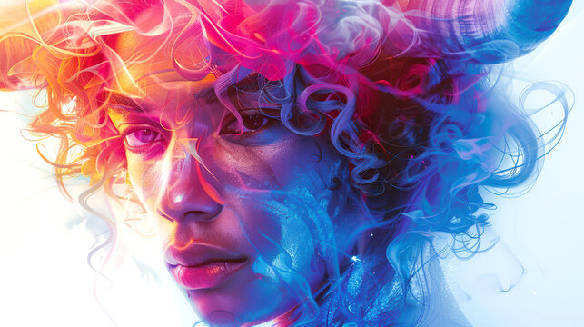 Portrait of a black guy with horns in a mystical multicolored smoke. Aries man with piercing eyes. The concept of the horned zodiac sign. Taurus or Capricorn. Symbiosis of man and animal