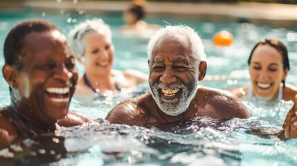 A group of happy laughing elderly people swimming and splashing in an outdoor pool enjoying their retirement and leisure time together  The image depicts a diverse