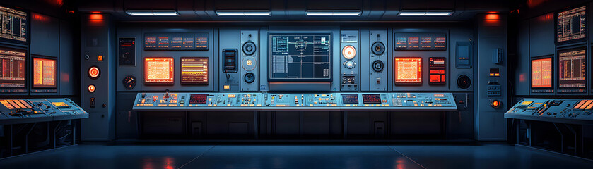 Futuristic Control Room Interior with Monitors and Panels in Dark Ambience