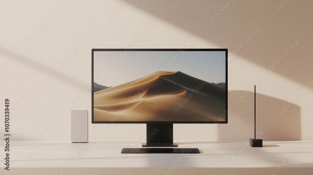 Poster a desktop computer with a large monitor sits against a clean white background, showcasing its impres