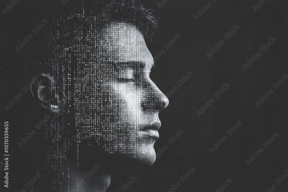 Poster monochrome digital portrait of a man with closed eyes, overlaid with abstract code patterns creating