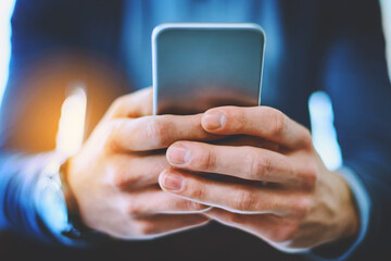 Hands, phone and business man for communication, social media and networking with website or internet. Employee, mobile and online for research, corporate contact and revenue report with typing email