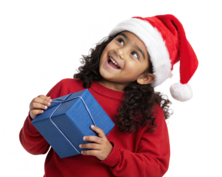 Portrait of a young girl with a Santa hat, excitedly holding a gift, isolated on transparent background
