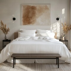 A white bed with a brown and tan painting on the wall